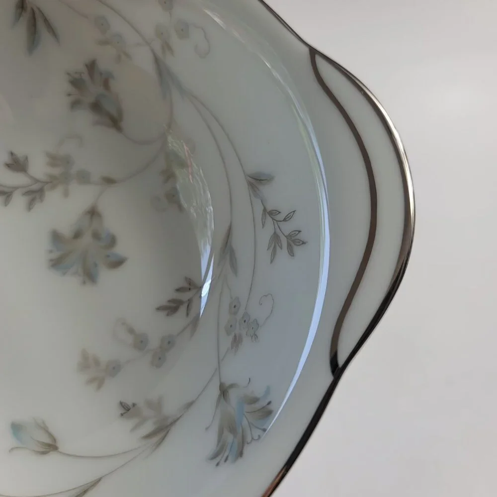 Noritake Valerie Lugged Soup Bowls Blue Gray Floral Platinum Trim #5812